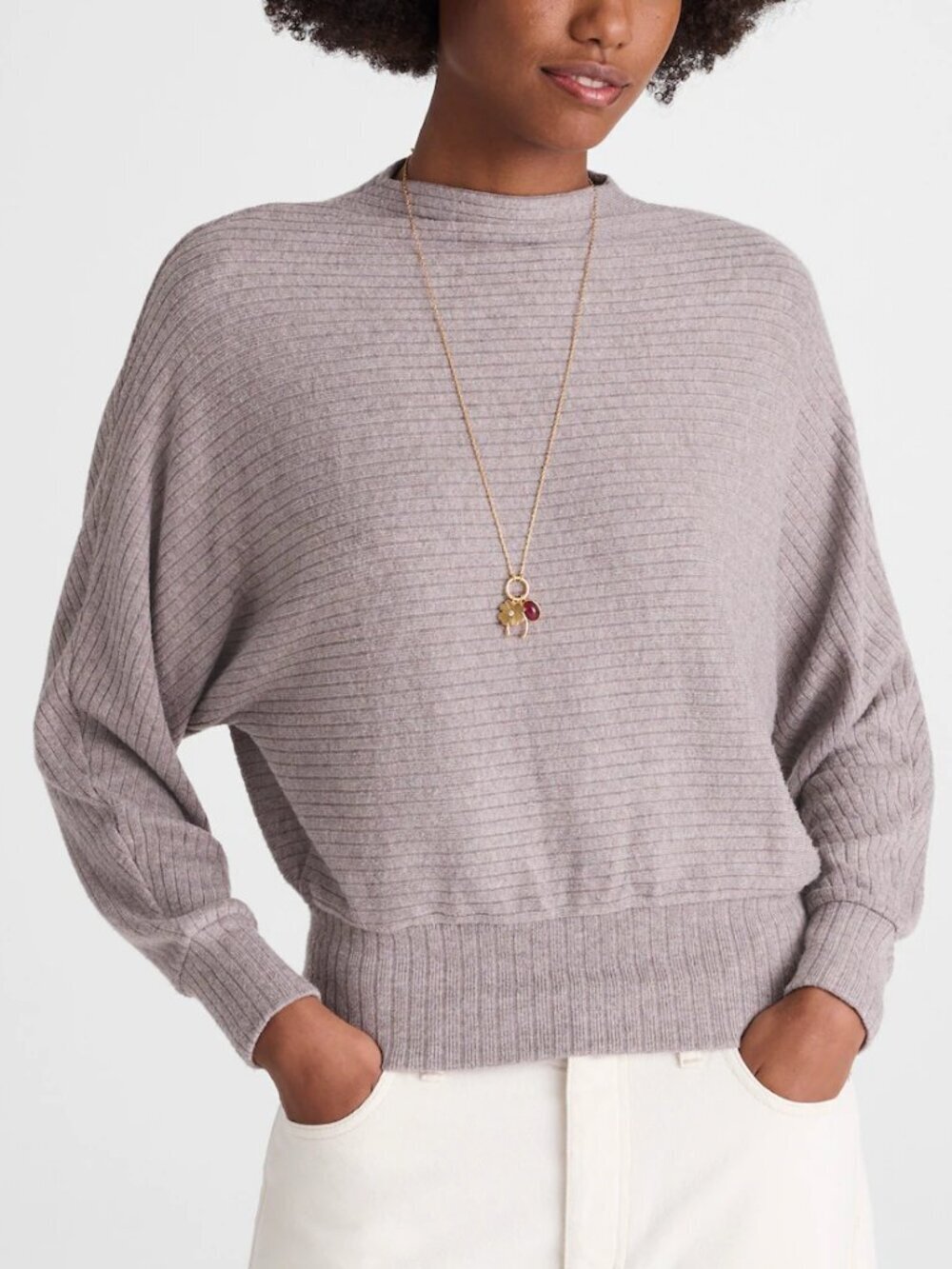 Madewell Mockneck Ribbed Dolman Long Sleeve Top Stone Size M NWT